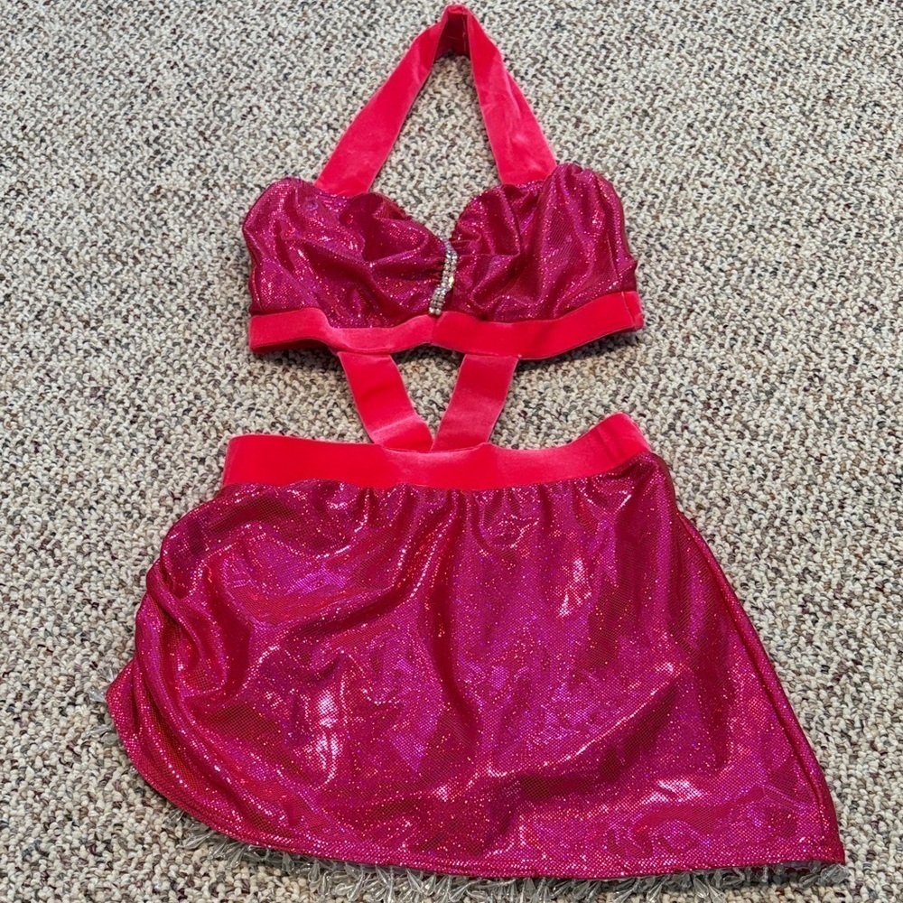 Sparkling Pink Fringed One Piece Halter Top and Skirt Set Costume. XS